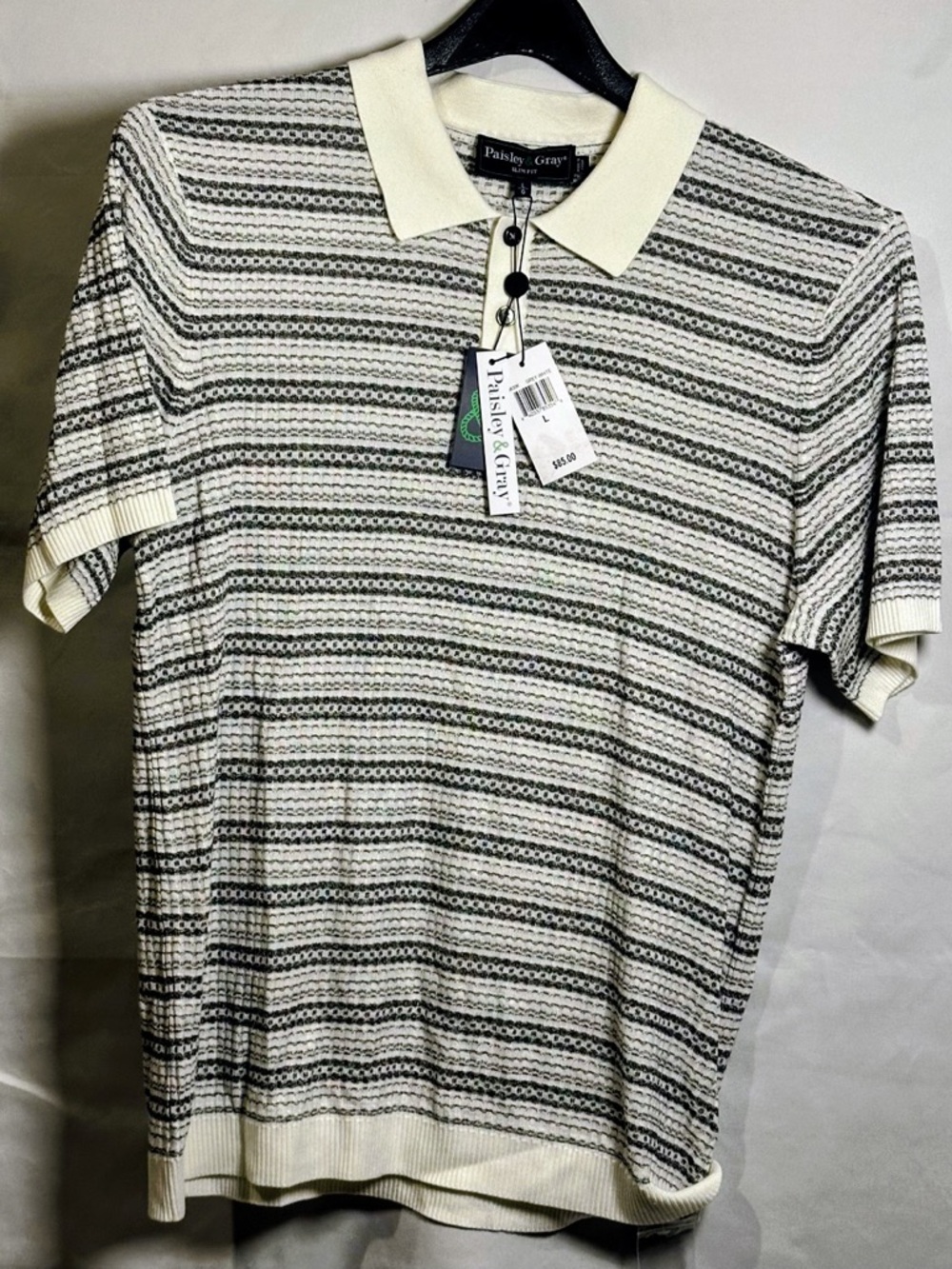 Men’s Paisley & Gray Cream and Black Striped Knit Polo